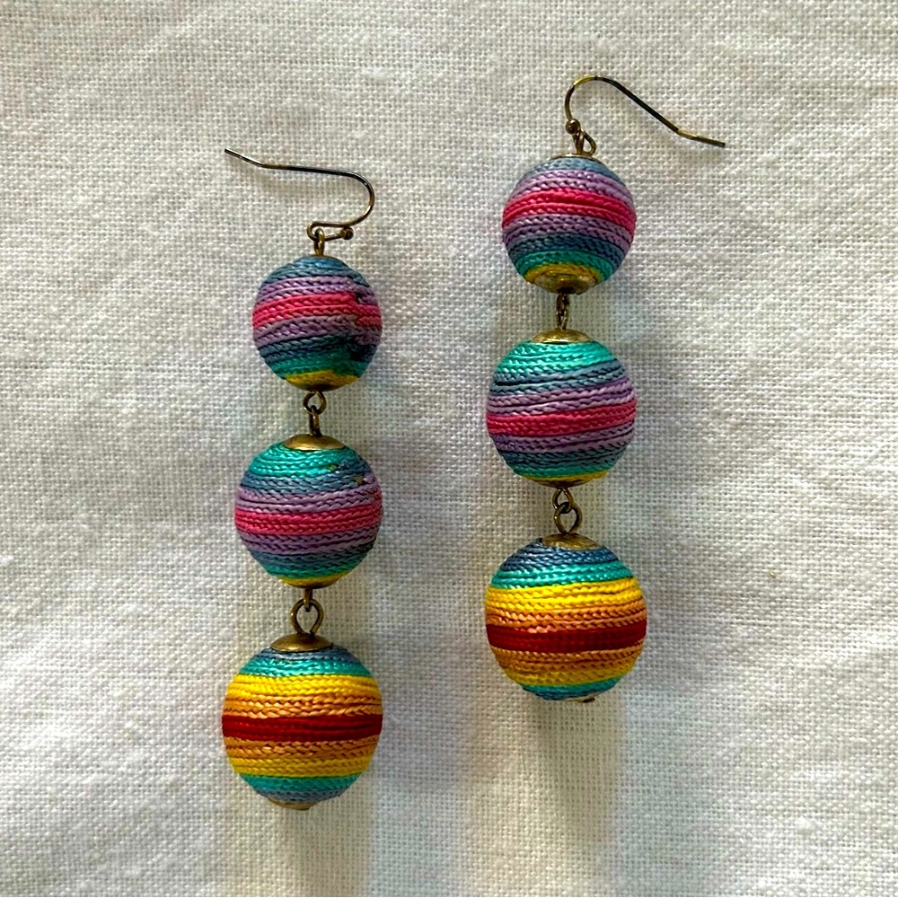 Rainbow Boho Sewn Ball Drop Dangle Earrings